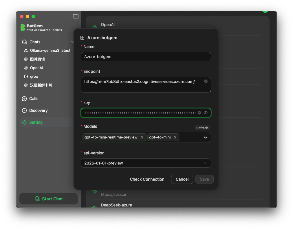 Azure OpenAI Settings Interface