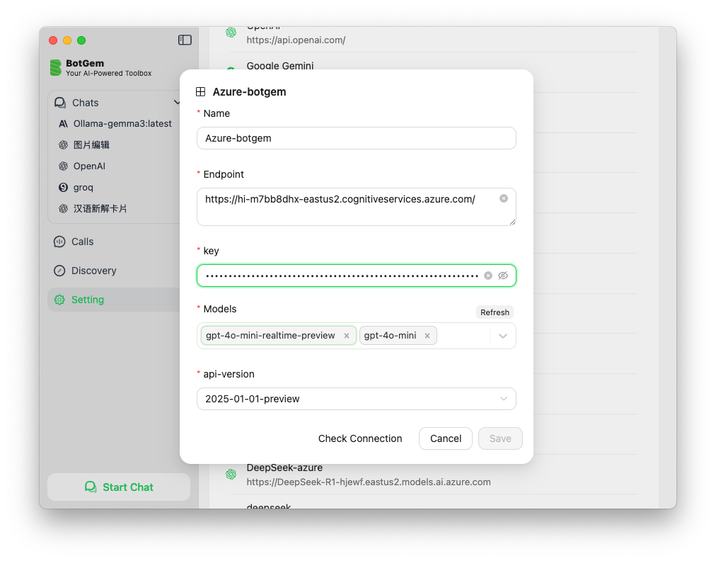 Azure OpenAI Settings Interface
