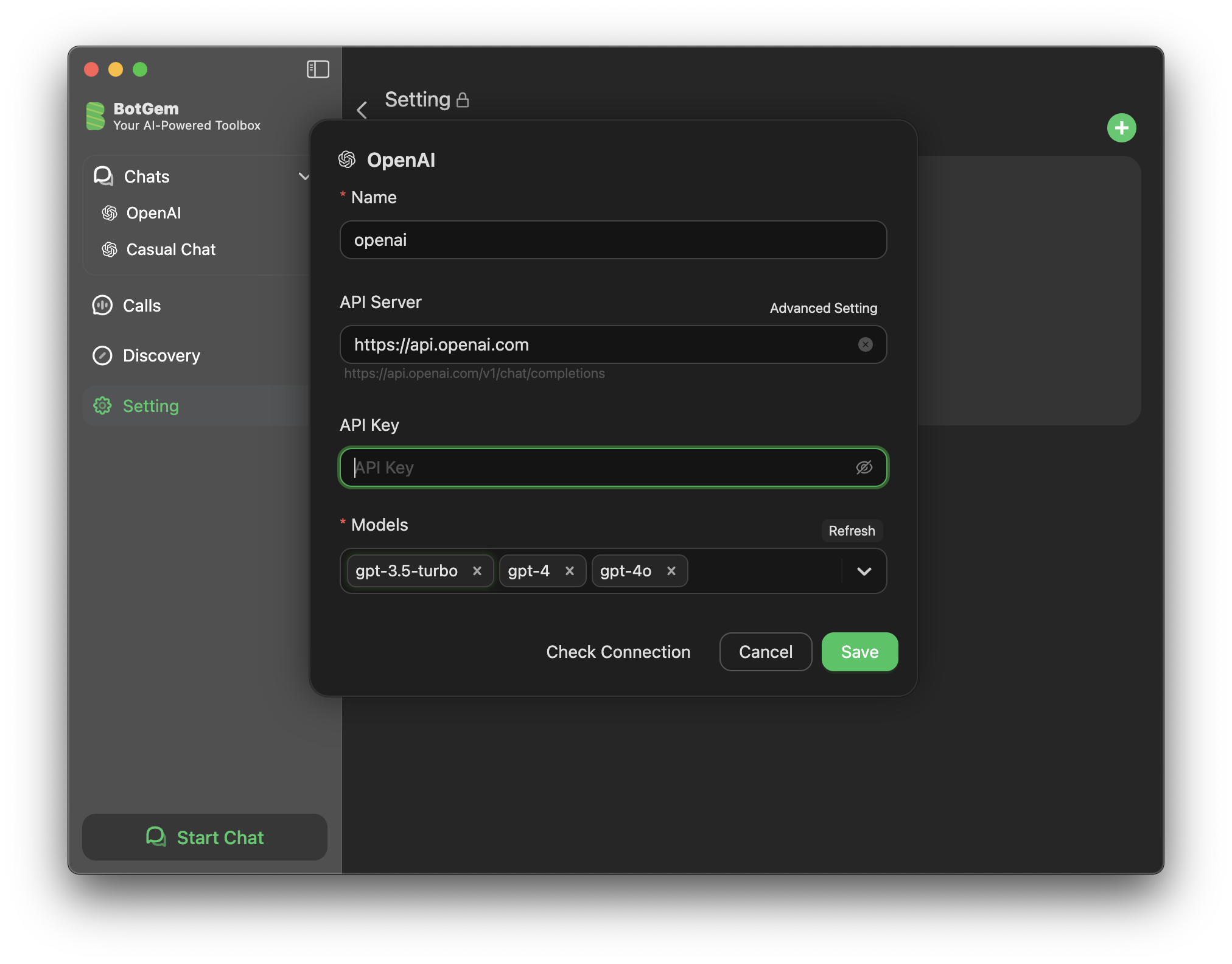 OpenAI Settings Interface